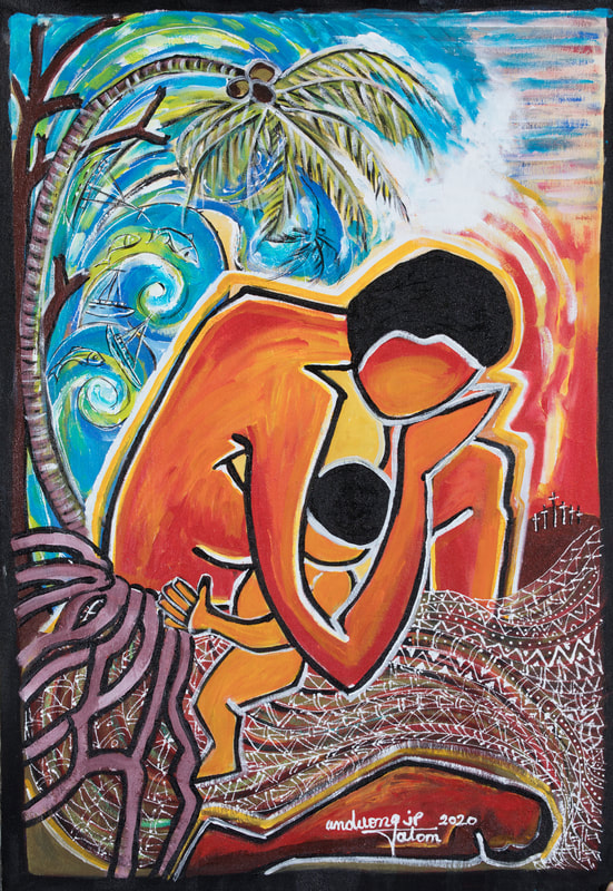 The work of Juliette Pita. best-known Vanuatu artist.  The painting is entitled Cyclone Pam II: 13th March 2015 - a mother is bending and praying over her child as the waves crash over her.
