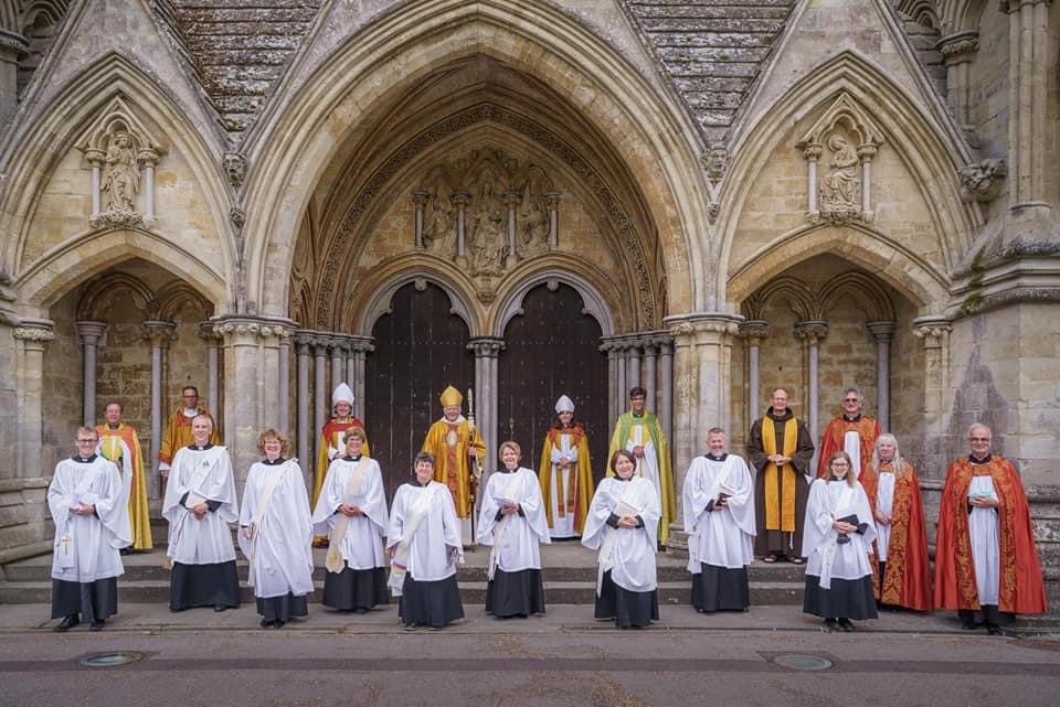 The Reverend Lindy Cameron is pictured with her fellow deacons and diocesan dignitaries outside the west doors of Salisbury Cathedral after her ordination to the diaconate on Sunday 27th June 2021